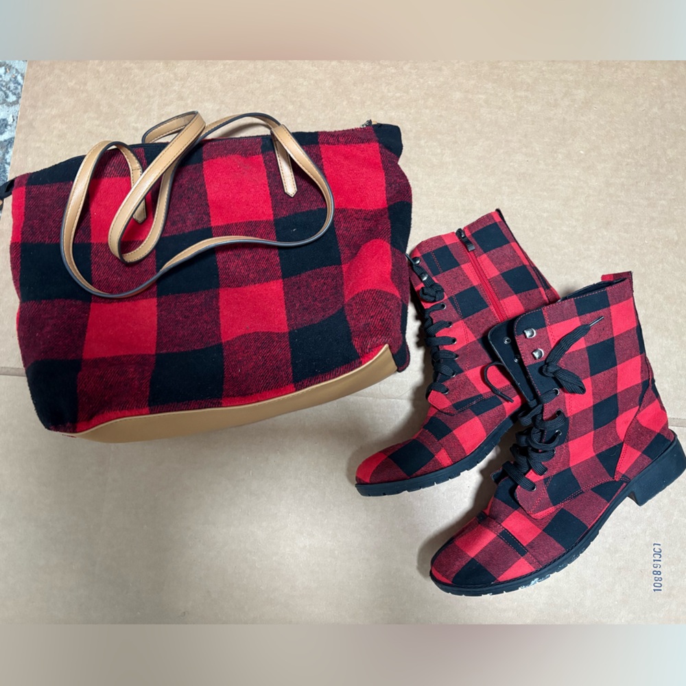 Red and Black Plaid Boots and Tote Set